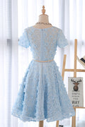 Cute 3D lace short blue prom dress, blue homecoming dress