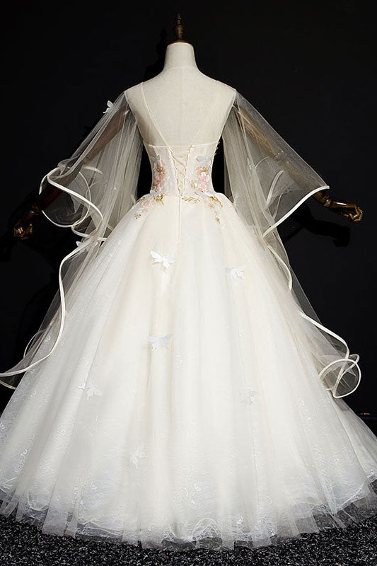 Light champagne tulle lace long sweet 16 dress, tulle formal dress