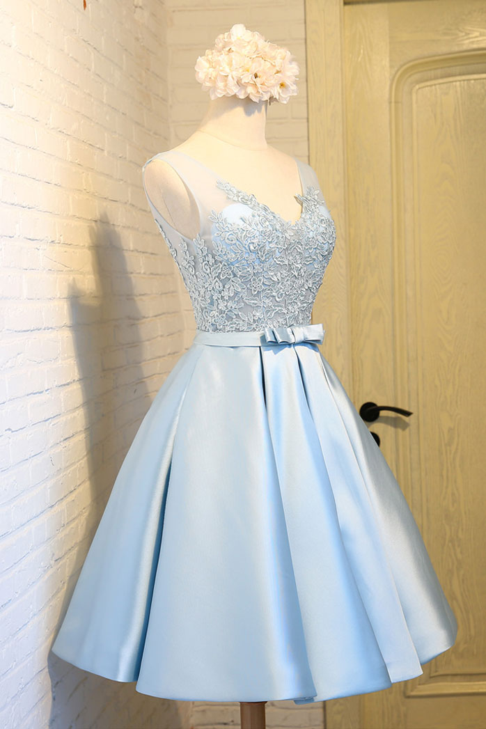 Light blue v neck lace applique short prom dress, blue homecoming dress