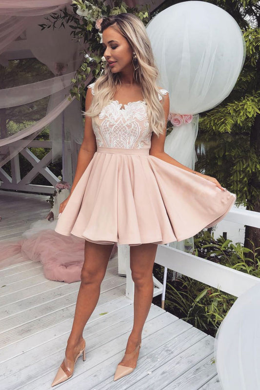 Pink lace satin short prom dress, pink lace homecoming dress