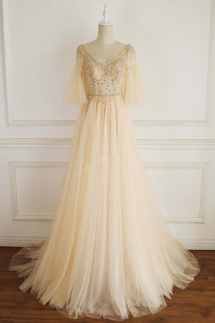 Champagne v neck tulle sequin long prom dress, champagne evening dress