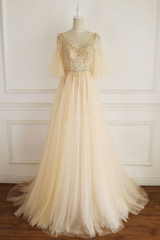Champagne v neck tulle sequin long prom dress, champagne evening dress