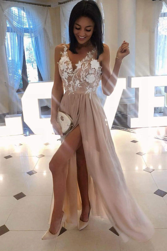 Pink v neck tulle lace applique long prom dress, pink bridesmaid dress