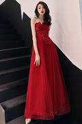 Burgundy tulle lace long prom dress burgundy evening dress