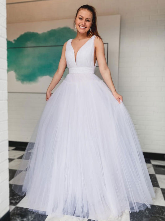 White v neck tulle long prom dress , white tulle formal dress