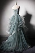 Green tulle lace long prom dress, green evening dress