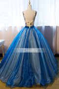 Unique v neck blue embroidery long prom dress, sweet 16 dress