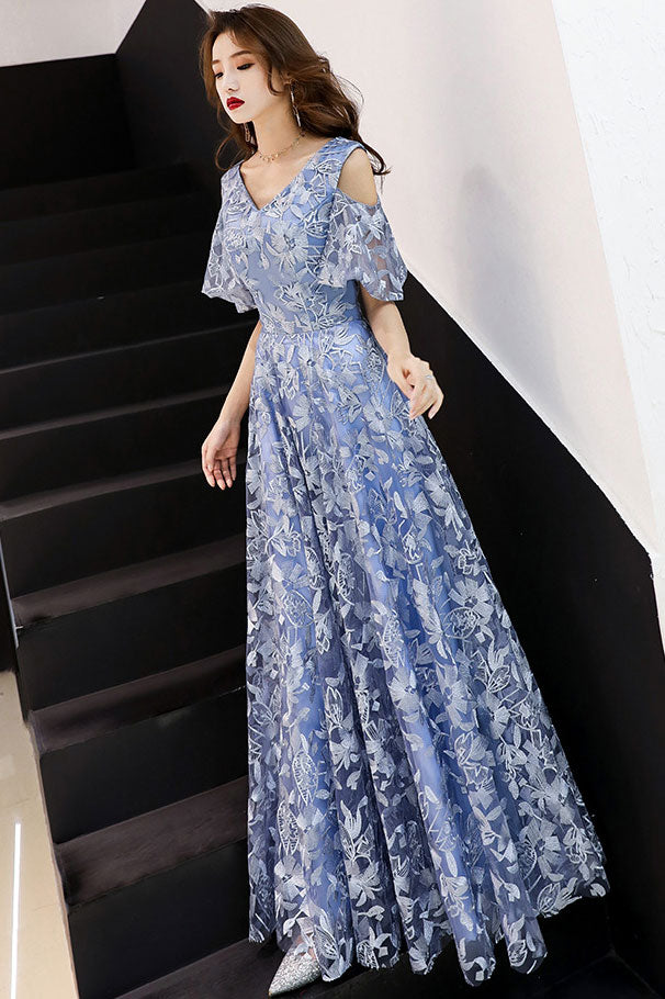 Blue v neck tulle lace long prom dress blue lace formal dress