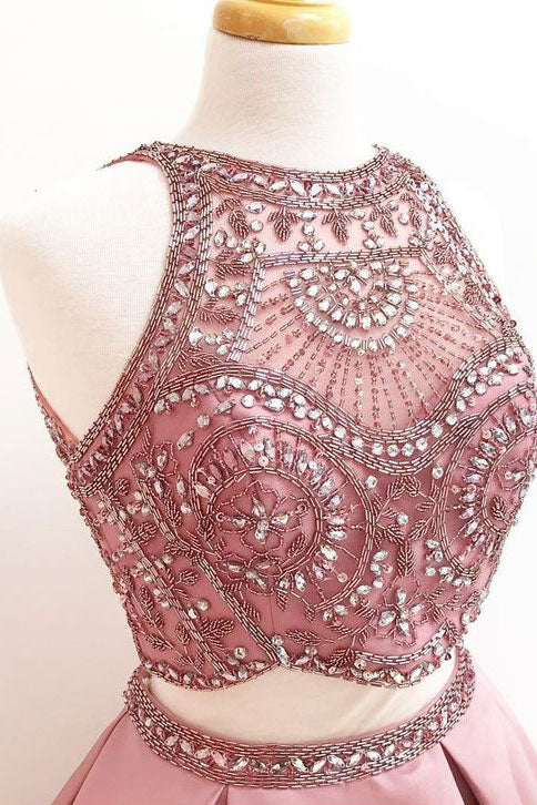 Pink two pieces beads satin long prom dress, pink evening dress