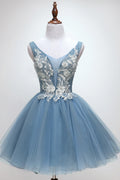 Blue tulle lace short prom dress, blue tulle lace homecoming dress