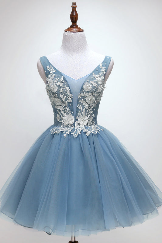 Blue tulle lace short prom dress, blue tulle lace homecoming dress