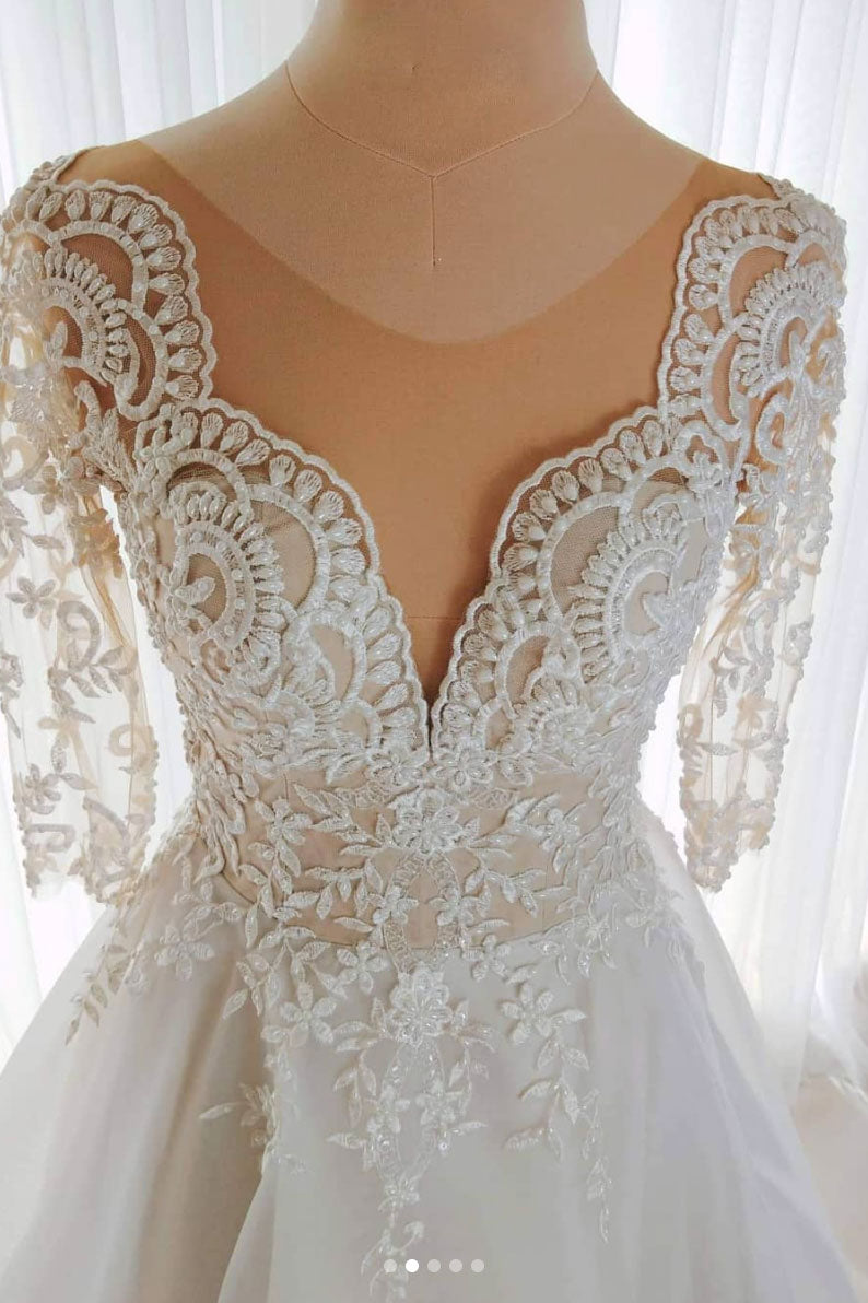 Unique round neck tulle lace long prom dress tulle lace formal dress