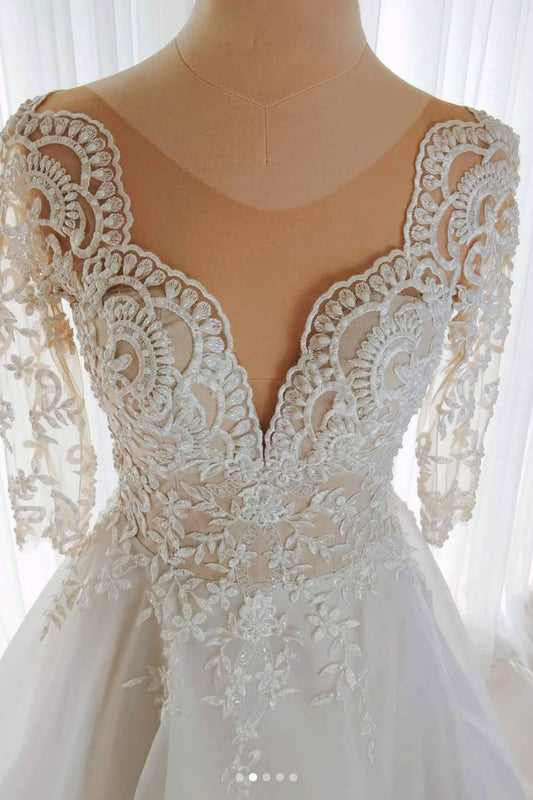 Unique round neck tulle lace long prom dress tulle lace formal dress