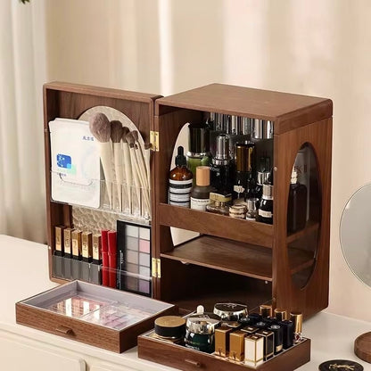 Luxury Walnut Wood Vanity Organizer – High-Capacity Cosmetic Storage Box with Mirror & Drawers