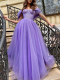 Purple off shoulder tulle sequin long prom dress, purple evening dress