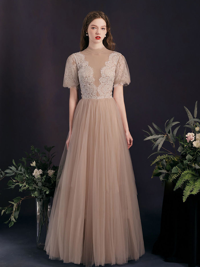 A-Line Tulle Lace Champagne Long Prom Dress, Tulle Lace Long Bridesmaid Dress