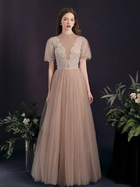 A-Line Tulle Lace Champagne Long Prom Dress, Tulle Lace Long Bridesmaid Dress