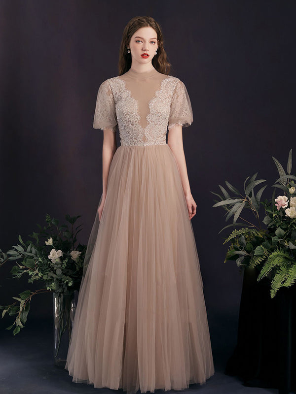 A-Line Tulle Lace Champagne Long Prom Dress, Tulle Lace Long Bridesmaid Dress