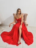 Red sweetheart neck A line tulle lace long prom dress, red evening dress