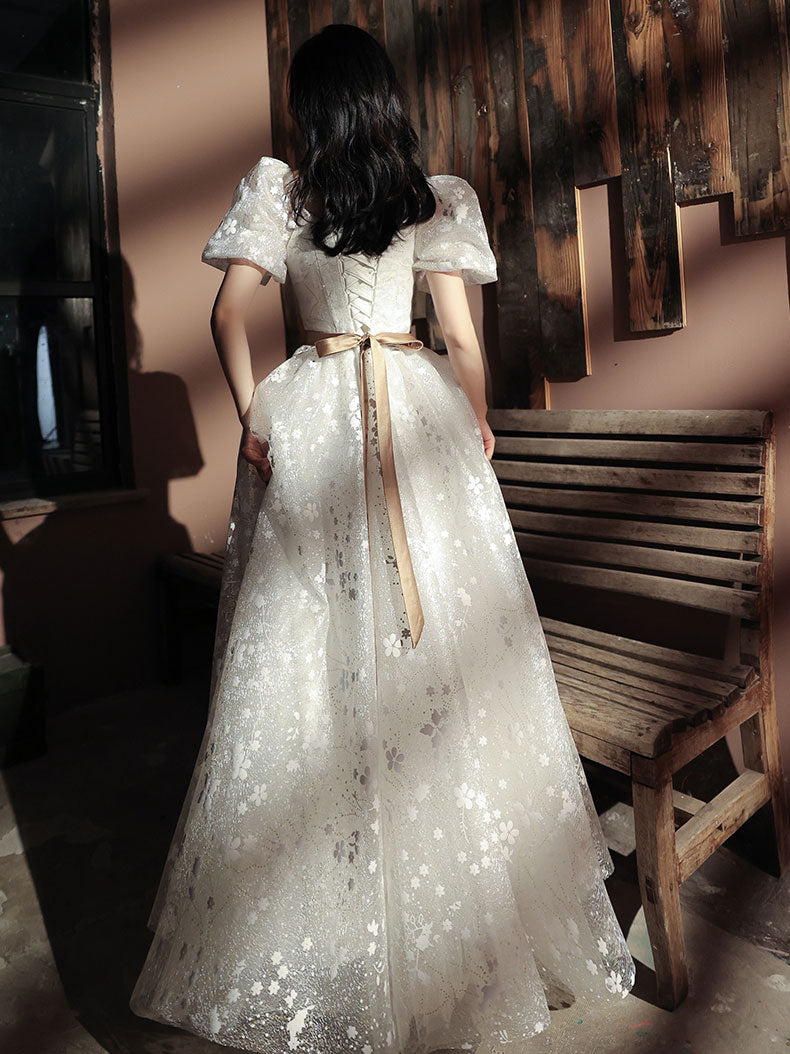 White A-line lace long prom dress white lace formal dress