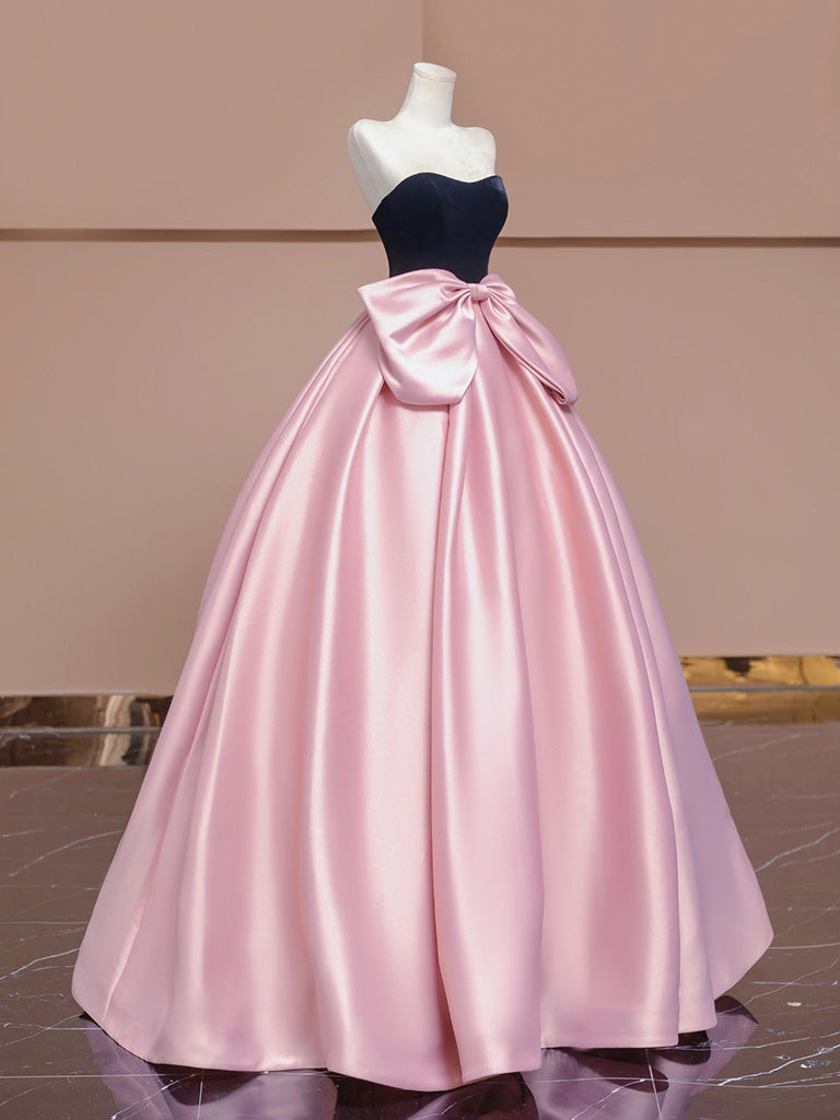 A-Line Sweetheart Neck Satin Velvet Pink Long Prom Dress, Pink Long Formal Dress
