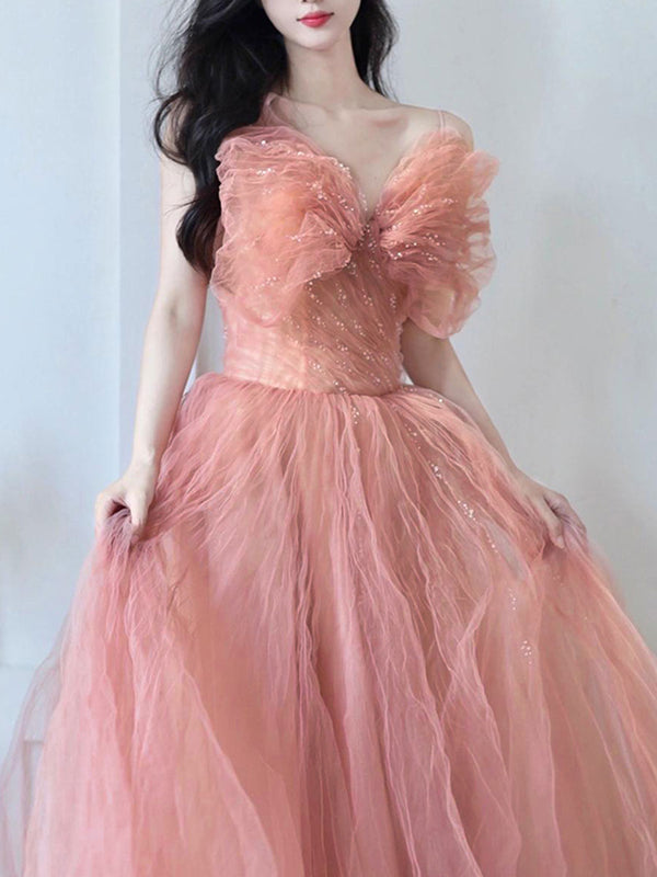 Pink tulle sequin long prom dress, pink tulle formal dress