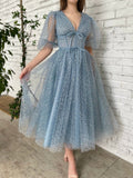 Aline Tea Length Gray Blue Prom Dress, Gray Blue Formal Wedding Party Dress
