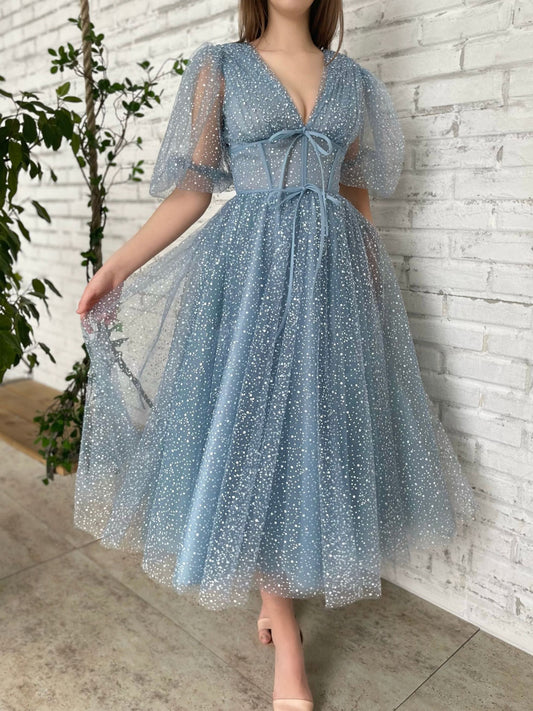 Aline Tea Length Gray Blue Prom Dress, Gray Blue Formal Wedding Party Dress