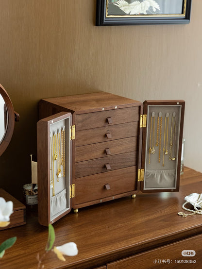 Handcrafted Walnut Jewelry Cabinet with Floral Lock