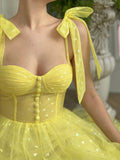 Yellow sweetheart neck tulle short prom dress, yellow homecoming dress