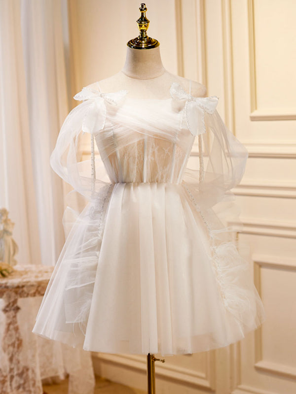 A-Line Tulle Light Champagne Short Prom Dress, Light Champagne Homecoming Dress