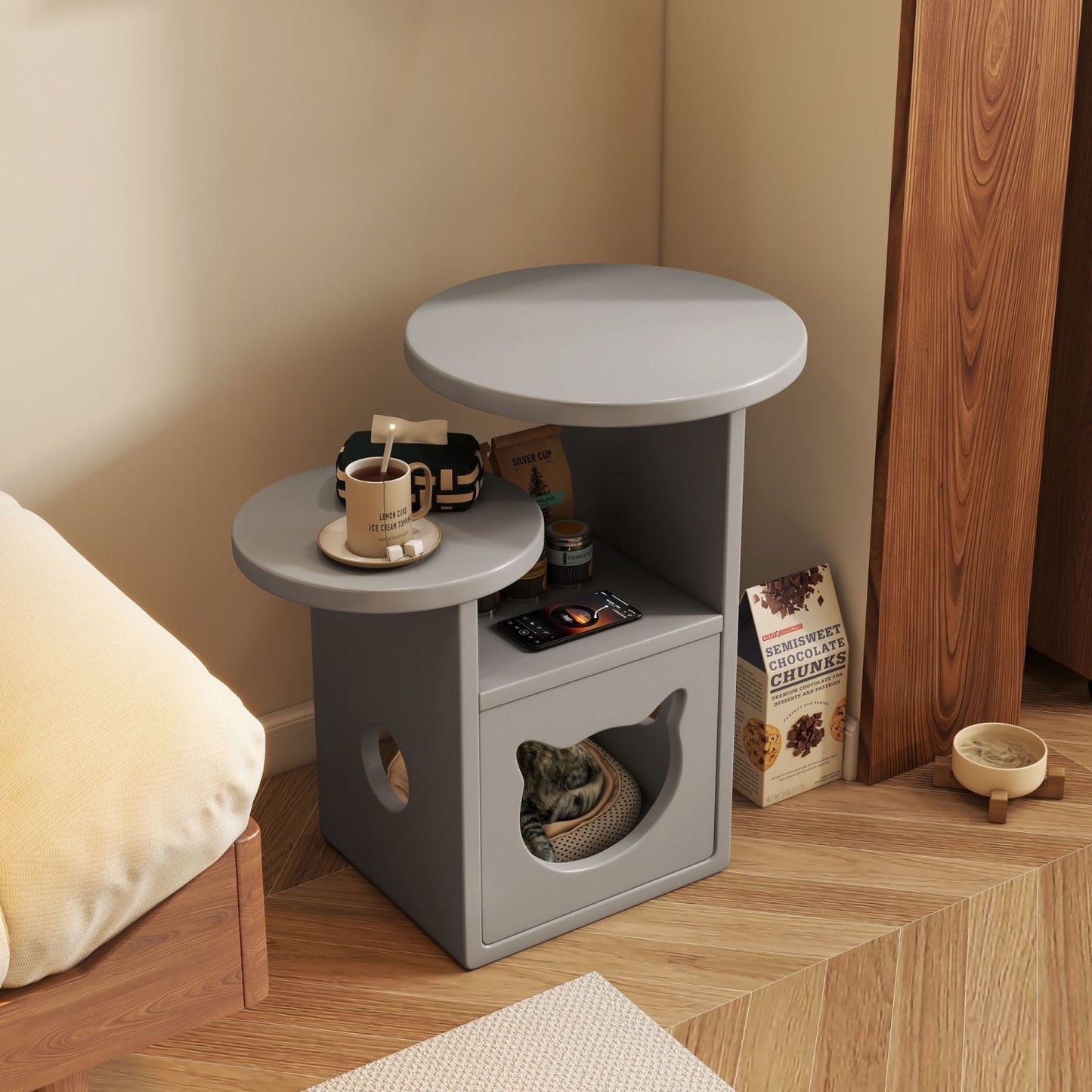 Multi-Level Wooden Side Table with Built-In Cat House – Stylish and Functional Pet-Friendly Furniture