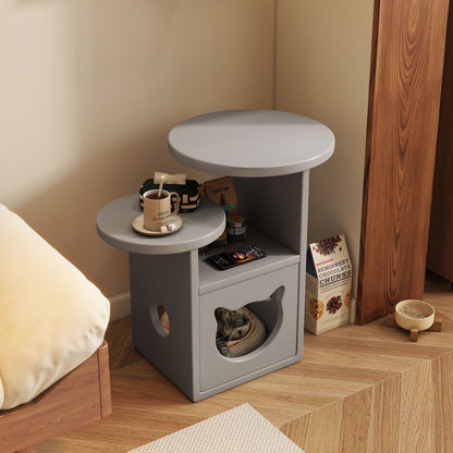 Multi-Level Wooden Side Table with Built-In Cat House – Stylish and Functional Pet-Friendly Furniture