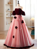 A-Line Tulle Velvet Pink/Burgundy Long Prom Dresses, Tulle Formal Evening Dress