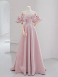 A-Line Puff Sleeves Satin Pink Long Prom Dress, Pink Long Formal Dress