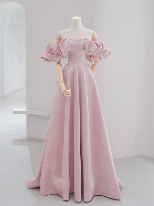A-Line Puff Sleeves Satin Pink Long Prom Dress, Pink Long Formal Dress