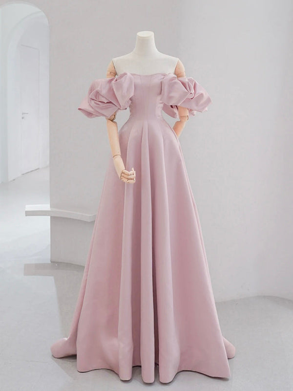 A-Line Puff Sleeves Satin Pink Long Prom Dress, Pink Long Formal Dress