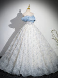 A-Line Off Shoulder Tulle Lace Blue Long Prom Dress, Blue Long Evening Dress