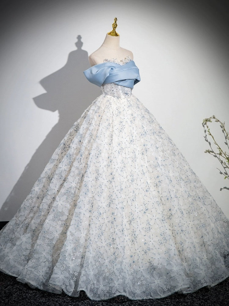 A-Line Off Shoulder Tulle Lace Blue Long Prom Dress, Blue Long Evening Dress