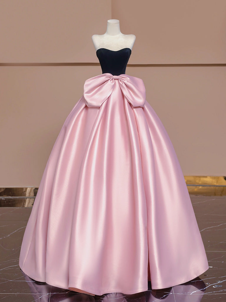 A-Line Sweetheart Neck Satin Velvet Pink Long Prom Dress, Pink Long Formal Dress