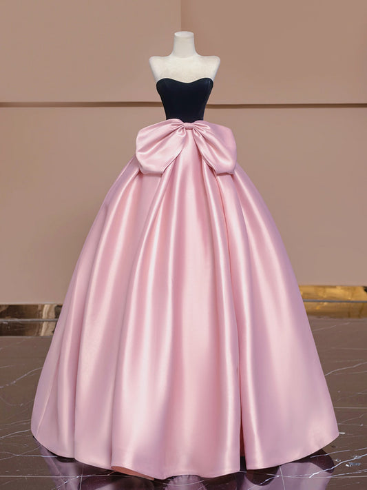 A-Line Sweetheart Neck Satin Velvet Pink Long Prom Dress, Pink Long Formal Dress