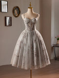 A-Line Sweetheart Neck Tulle Short Prom Dress, Gray Short Homecoming Dress