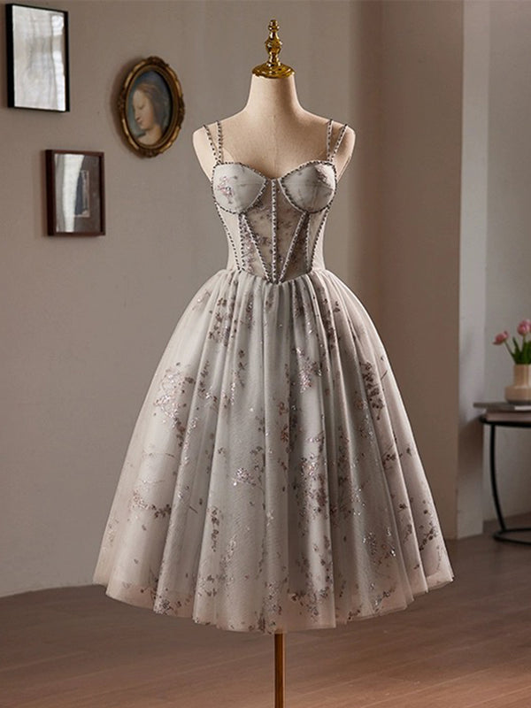 A-Line Sweetheart Neck Tulle Short Prom Dress, Gray Short Homecoming Dress