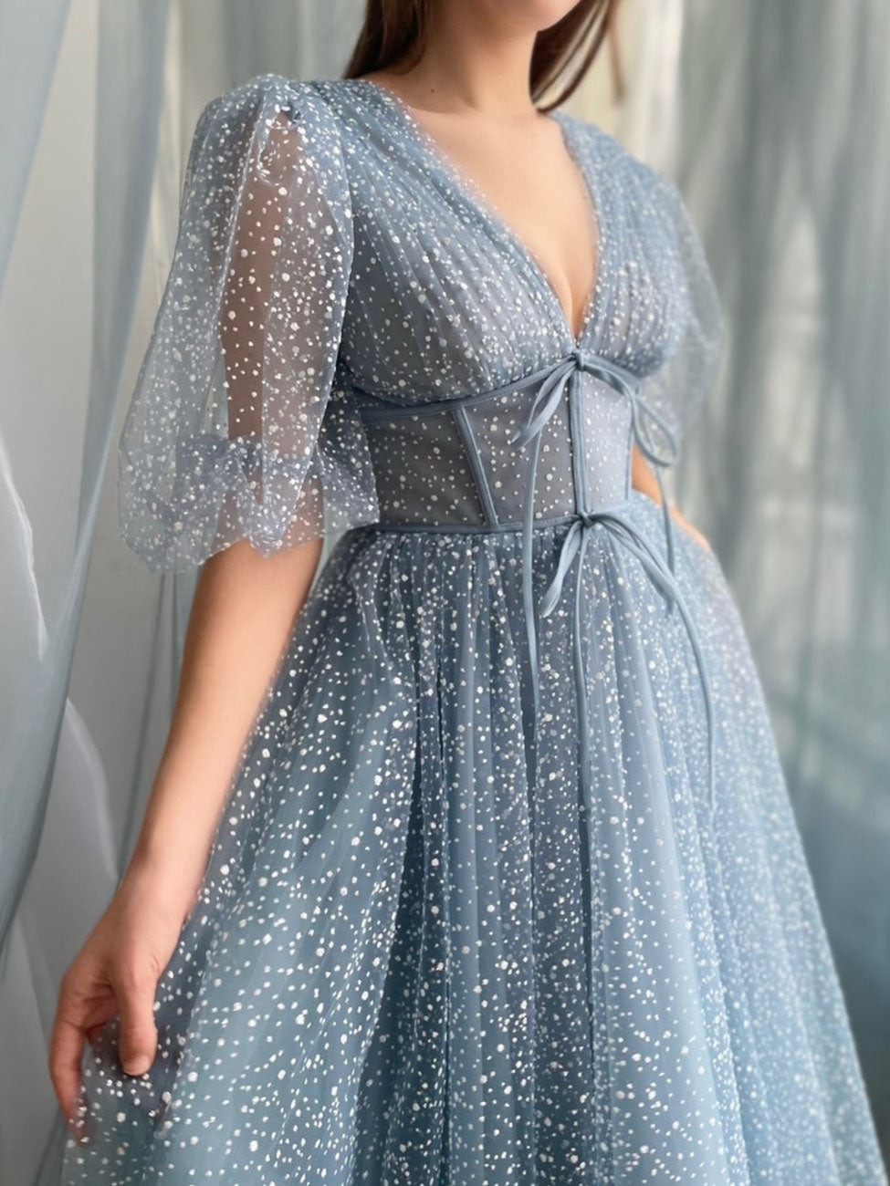 Aline Tea Length Gray Blue Prom Dress, Gray Blue Formal Wedding Party Dress