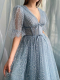 Aline Tea Length Gray Blue Prom Dress, Gray Blue Formal Wedding Party Dress