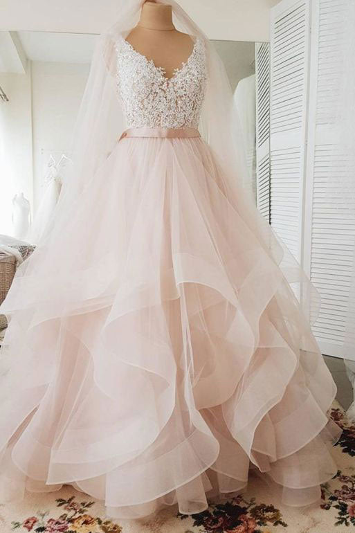 Pink v neck tulle lace long prom dress, pink tulle evening dress