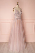 Pink v neck tulle lace applique long prom dress, pink evening dress
