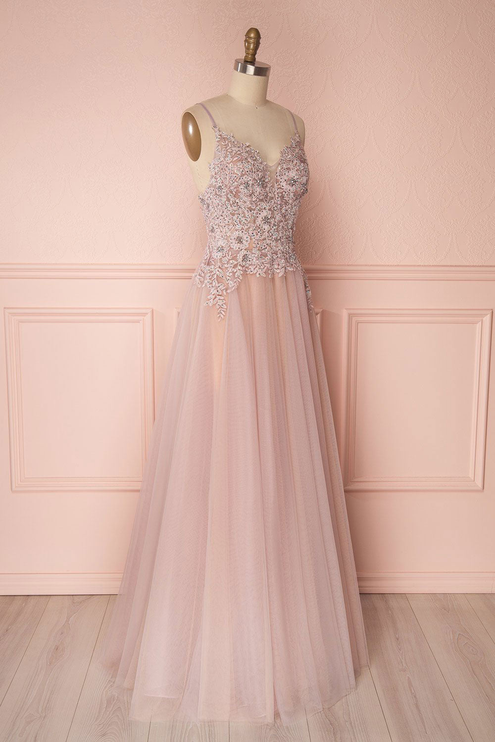 Pink v neck tulle lace applique long prom dress, pink evening dress