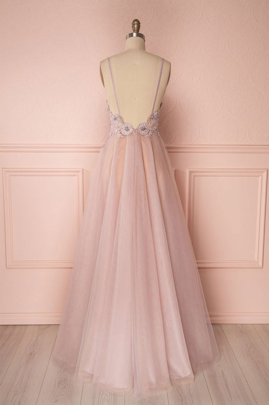 Pink v neck tulle lace applique long prom dress, pink evening dress