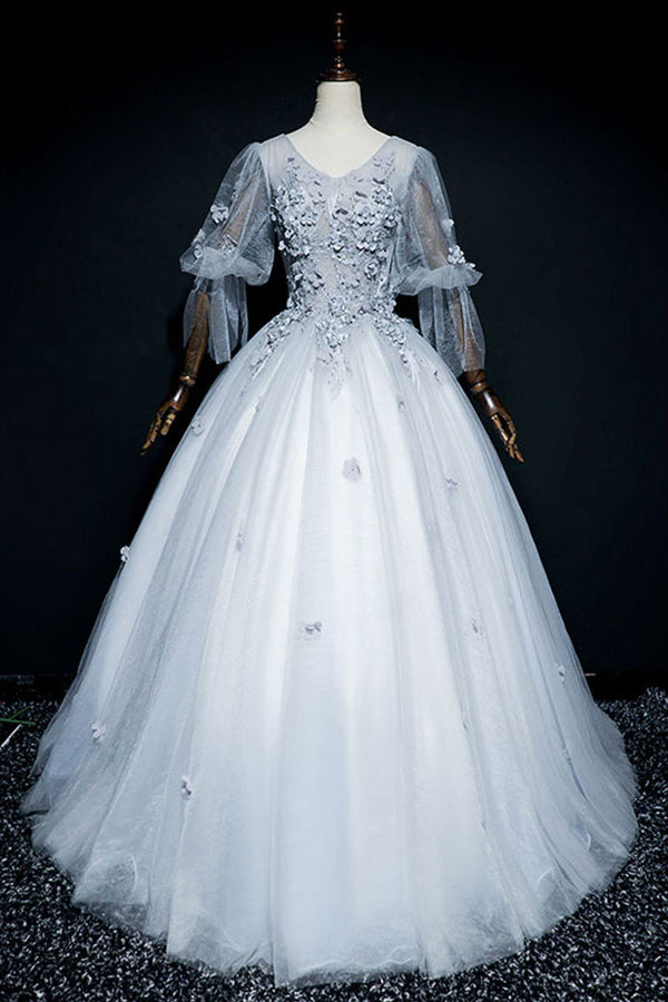 Gray v neck tulle lace long prom dress gray formal dress